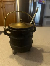 Vtg Cast Iron Brass Fire Starter Smudge pot Cauldron W/ Lid & Pumice wand