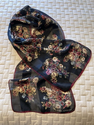 Laura Ashley Scarf, Black Burgundy Edged With Floral Pansies, Oblong 56” X 11.5” - Picture 2 of 4