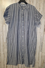 UNIQLO size L Striped Button Shirt Dress Below knee Linen blend Shoort sleeve