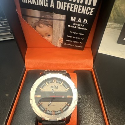 M & M Mad Man Men's Quartz Watch Black/Gold Dial Leather Strap Date Box