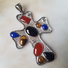 925 Sterling Silber Kreuz Anhänger mit Lapislazuli, Achat, Onyx & Tigerauge