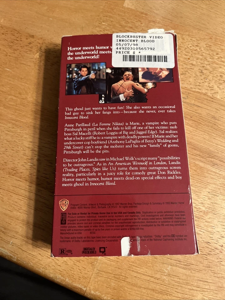 Innocent Blood VHS, 1993 Anne Parillaud Robert Loggia Warner Bros Watermark NEW - Image 2 of 4
