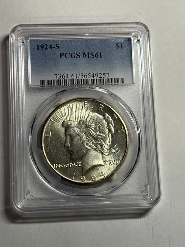 1924 S PEACE SILVER DOLLAR PCGS MS61 BLAST WHITE KEY DATE