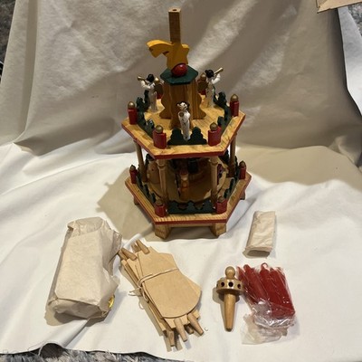 Vintage German Wood Christmas Pyramid Nativity Carousel 2 Tier Unused W/box