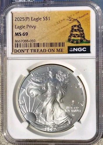 2025 (P) SILVER EAGLE NGC MS69 EAGLE PRIVY DON'T TREAD ON ME DTOM LABEL