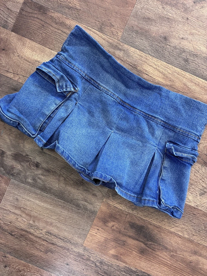 Mini-saia jeans vintage cintura baixa lavagem leve média Y2K grunge anos 2000 anos 90 M - Imagem 2 de 4