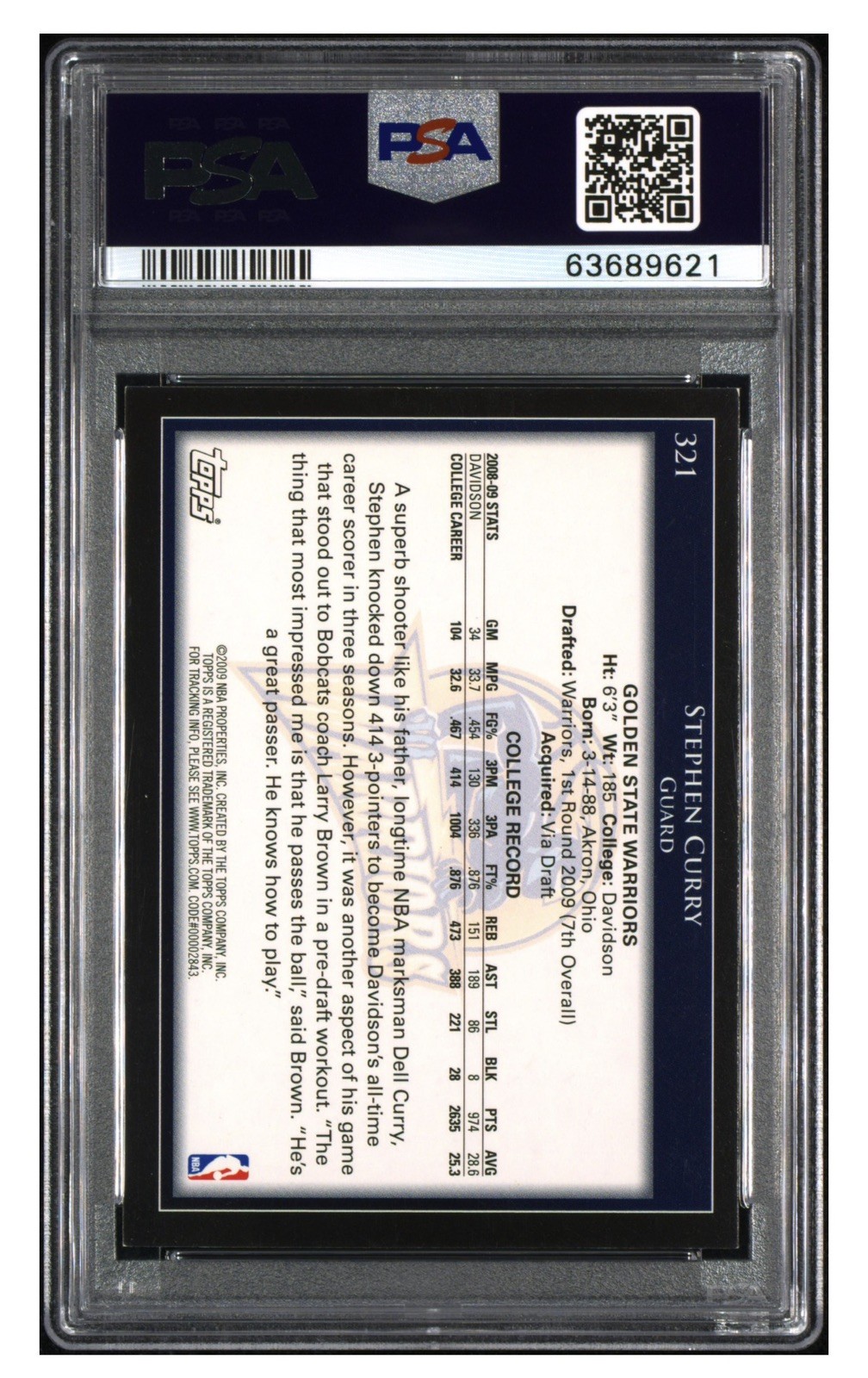 Stephen Curry 2009-10 Topps - #321 (RC) - PSA 7 NM view 2