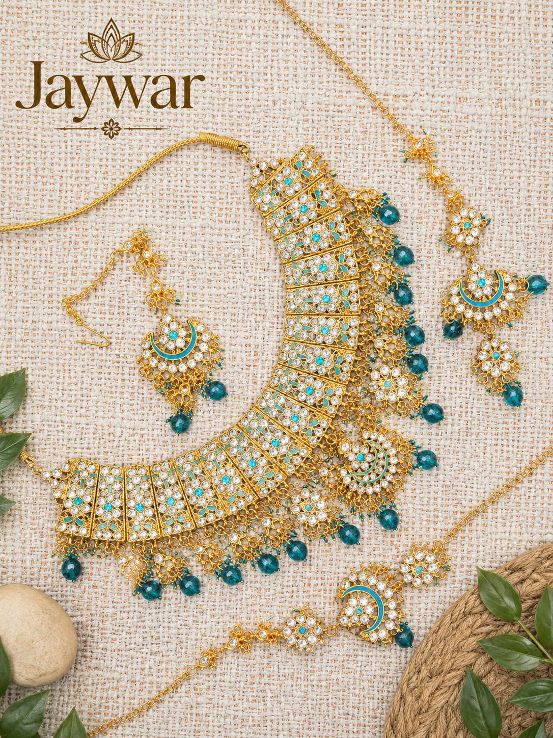 JAYWAR Blue Kundan Choker Necklace Set Bridal Wedding Traditional Jewelry Women