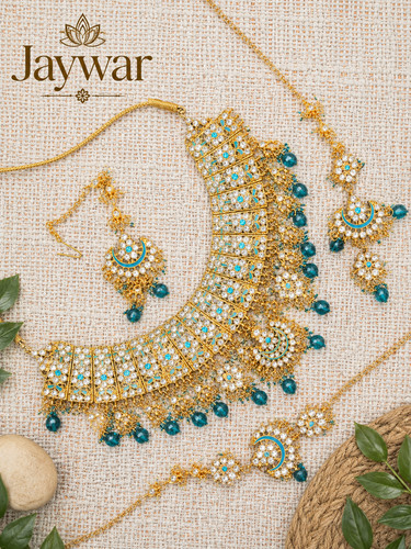 JAYWAR Blue Kundan Choker Necklace Set Bridal Wedding Traditional Jewelry Women