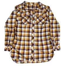 Duluth Trading Co Long Sleeve Plaid Shirt Womens M V Neck Collarless Button Down