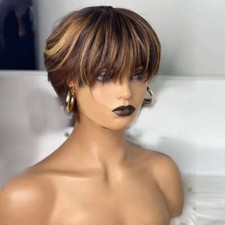 Highlight Brown Remy 100 Human Hair Wigs with Bangs Short Bob Wig