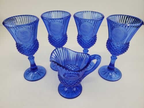 Avon Fostoria 1976 George and Martha Washington Blue Glass Goblet & Pitcher Set
