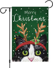 Merry Christmas Garden Flag 12X18 Double Sided, Burlap Winter Black Cat Garden Y