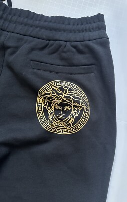 Versace Gold Medusa Printed Black Cotton Activewear Pants 2XL