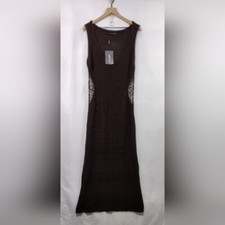 NWT PrettyLittleThing Crochet Plunged Maxi Dress Womens 10 Brown Boho Retro 90s