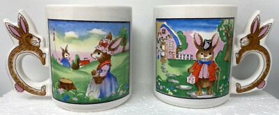 Vintage Pair (2) Of Bunny Rabbit Hare Coffee Tea Cups Mug Anthropomorphic Easter