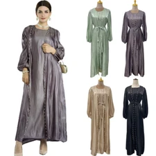Two Piece Muslim Women Open Abaya Satin Cardigan Set Kaftan Modest Dress Robe