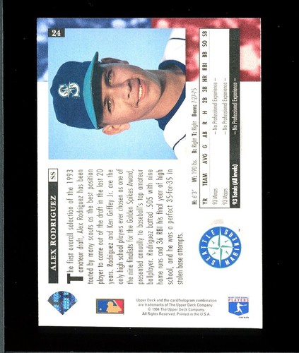 1994 Upper Deck #24 Alex Rodriguez Rookie Mint - Bild 2 von 2