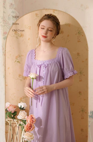 Damen Baumwolle Nachthemd Kurzarm eckiger Ausschnitt Pyjama Schlafkleid - Bild 14 von 34