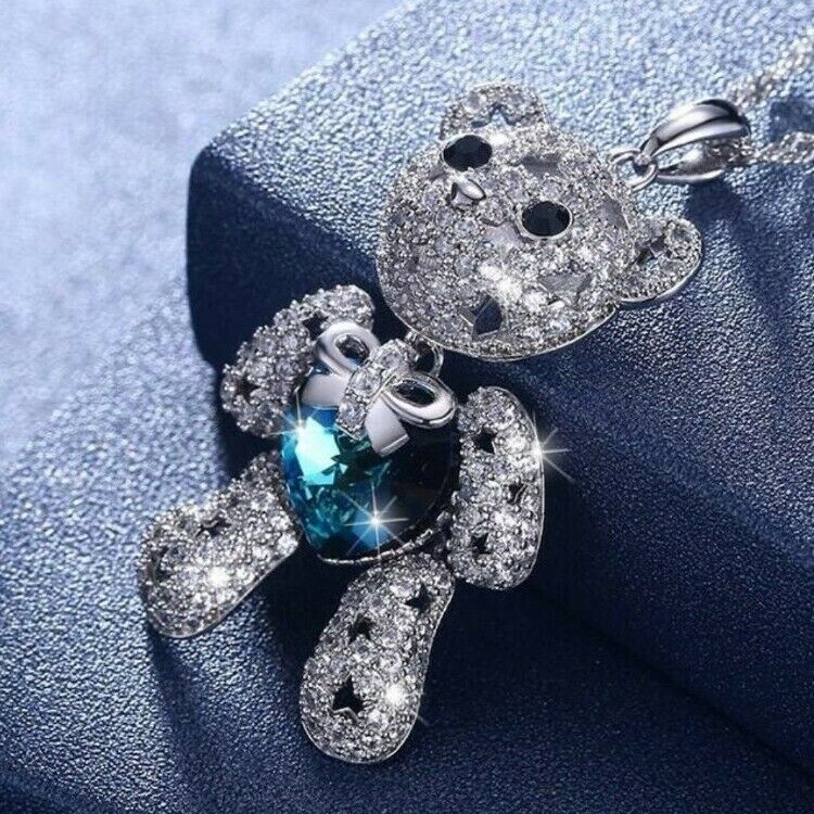 925 Sterling Silver I Love you Heart Blue Topaz Teddy Bear Pendant