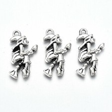 4 Witch Charms Antique Silver Tone Halloween Pendants Findings Broomstick