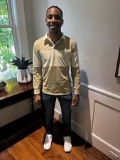 Goodfellow Mens Long Sleeve Rugby Polo Shirt White Beige Stripe Twill Collar NEW