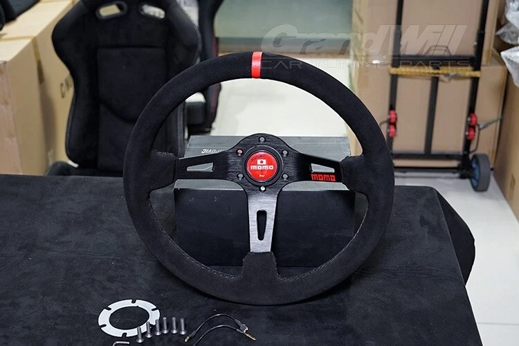 MOMO Suede Leather Deep Dish Racing Red horn Steering Wheel Black Red 13in - Image 3 of 4