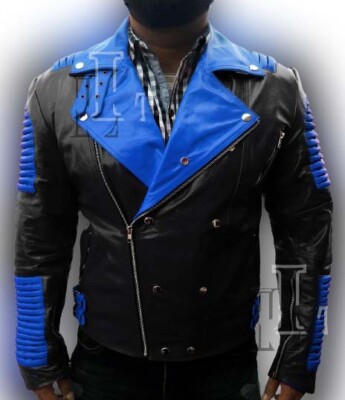 Handmade Men's Black Biker Speed Ribbed Blue Collar Fashion Leather Jacket Sale!
