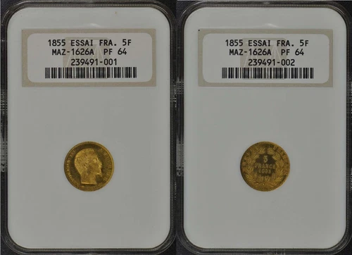 FRANCE , ESSAI PATTERN UNIFACE OBV & REV TRIALS 5 FRANCS 1855 NGC PF 64 , RARE11