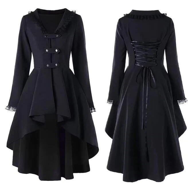 Womens Steampunk Lace Gothic High Low Trench Victorian Medieval Jacket Coat Top - Image 2 of 4
