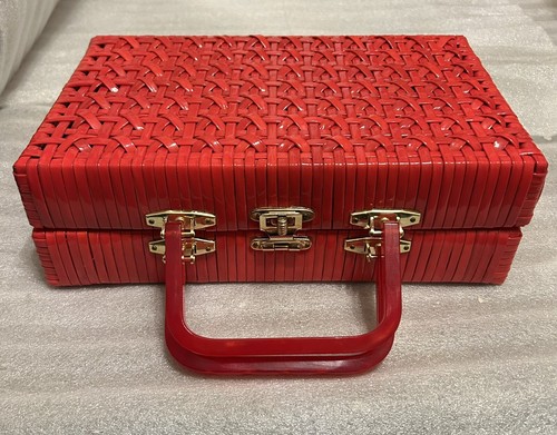 1960'S LESCO LONA Red Plastic Woven Wicker 12" Bag Iridescent Plastic Handles - Picture 3 of 9