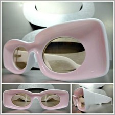 OVERSIZED EXAGGERATED Funky Retro SUN GLASSES Thick White  Pink Frame Oval Lens