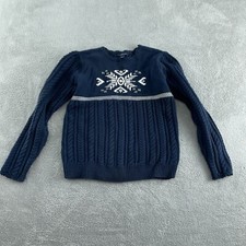Lands End Girls XL Cable Knit Navy Sweater With Snowflake Design 100 Cotton 367