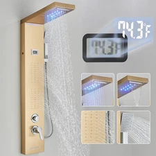 Brushed Gold Shower Panel Tower System LED Rain Waterfall Head Body Massage Jets