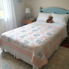 Handmade Embroidered Childrens Quilt 61"x79" Peach Floral Lace Trim Blanket Vtg