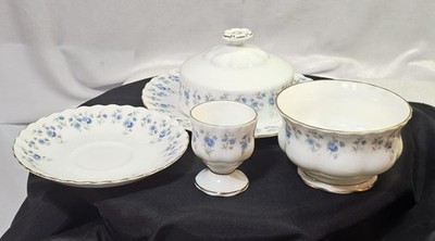 5pc -Royal Albert Memory Lane Butter Dish w Lid, Egg Cup,Sugar Bowl & Saucer Set