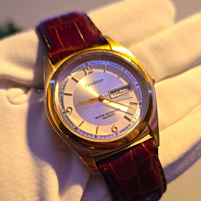 Armitron Men's Quartz Day/Date Watch 165ft Water Resist Gold Tone Brown Leather