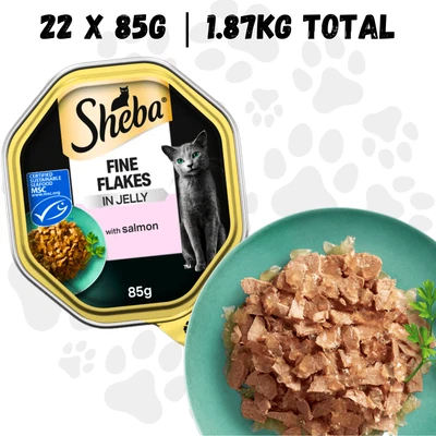 22 x Sheba Fine Flakes Wet Cat Food SALMON in Jelly 85g Trays
