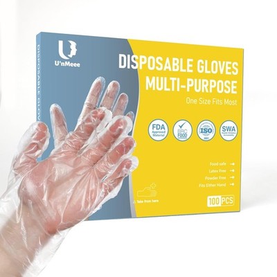 100 PCS Disposable PE Gloves - Clear/White Plastic, Food Safe, Latex-Free,