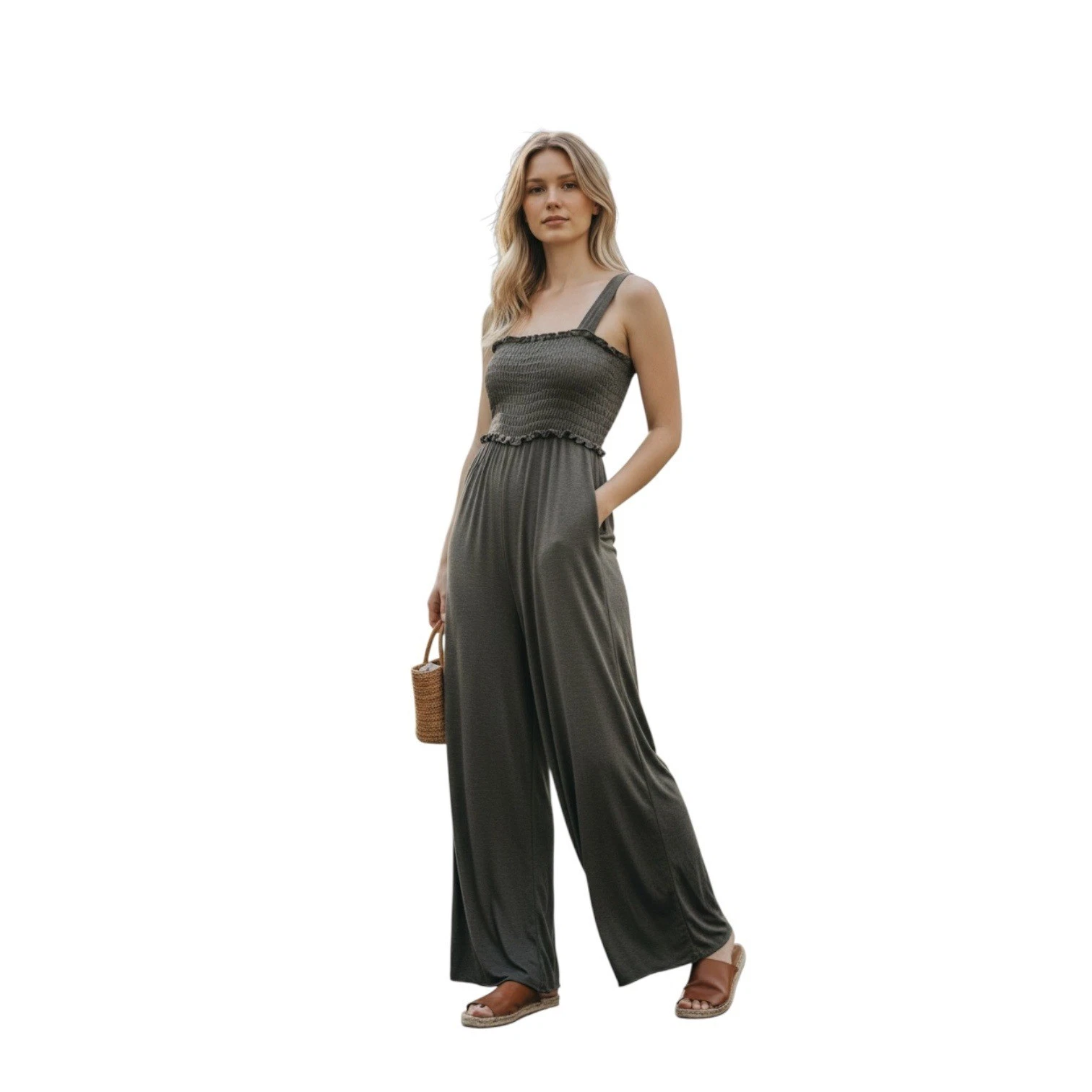 Natural Life Harper Smocked Flowy Wide Leg Jumpsuit Olive Green Heather Medium