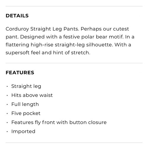NWT Talbot’s Corduroy Straight Leg Embroidered Polar Bear Pants Sz 14WP - Picture 16 of 16