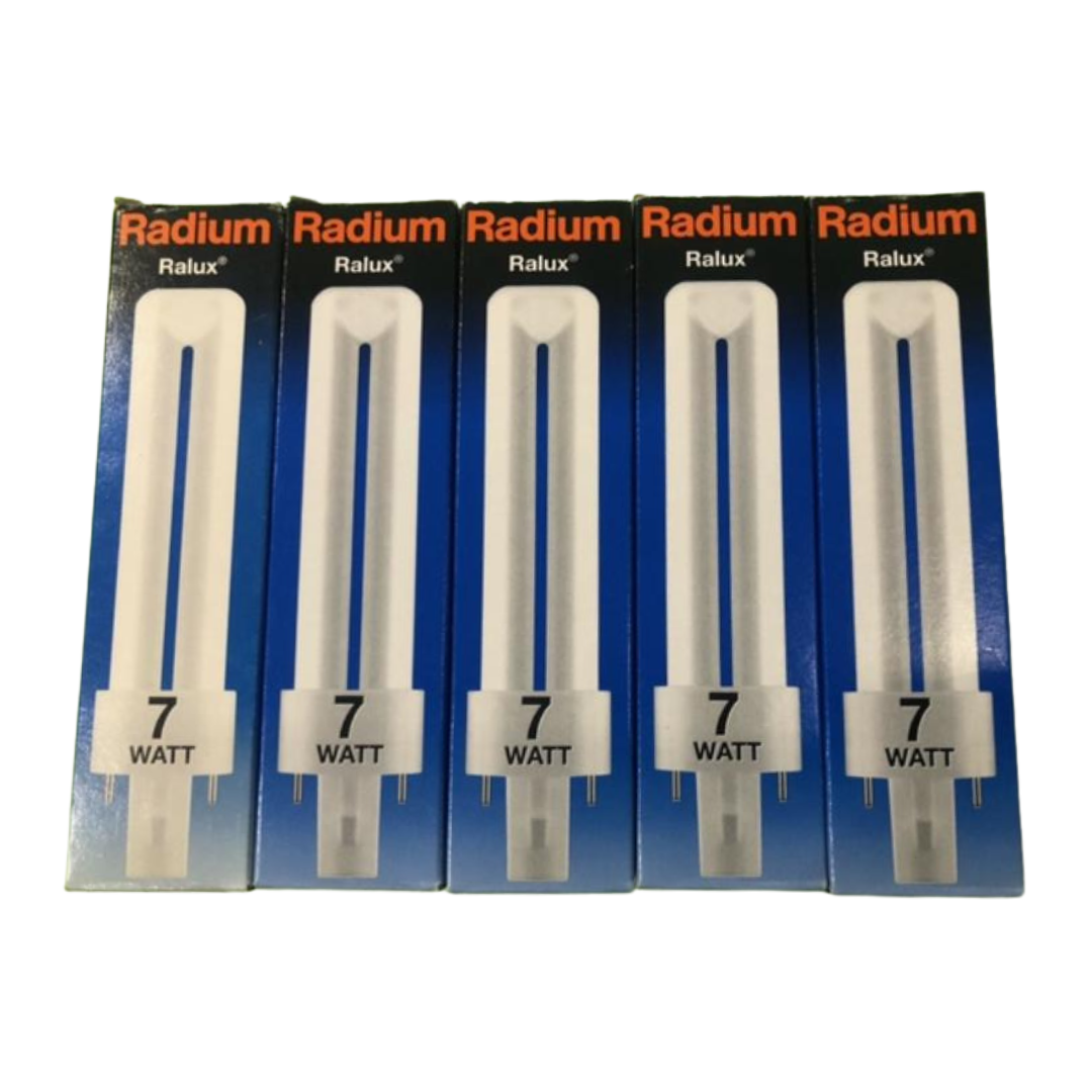 5 X RADIUM PL-S BLS 7W G23 2PIN CFL COMPACT FLUORESCENT LIGHT BULB 4000K LAMP