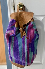 Vintage Colombia Leather  Hand Woven Wool Boho Backpack Tote Bag Drawstring