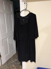 Nine West Black Dress Gold Grommet Laced V-Neck Elastic Waist size 14 Polyblend