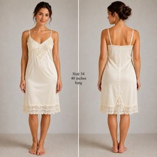Vintage 80's Vanity Fair Full Slip Size 34 40" Long Cream Ivory Lace Trim Nylon