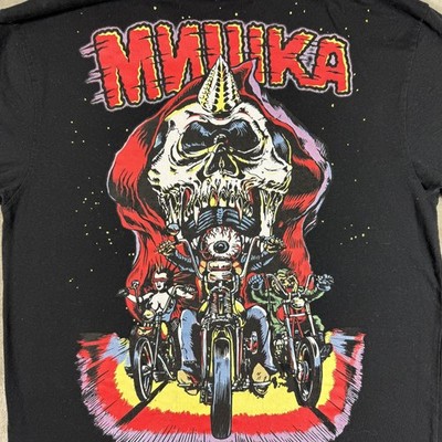 Vtg Y2K Mishka MNWKA NYC Flaming Biker Streetwear Graphic Shirt Size Large Black