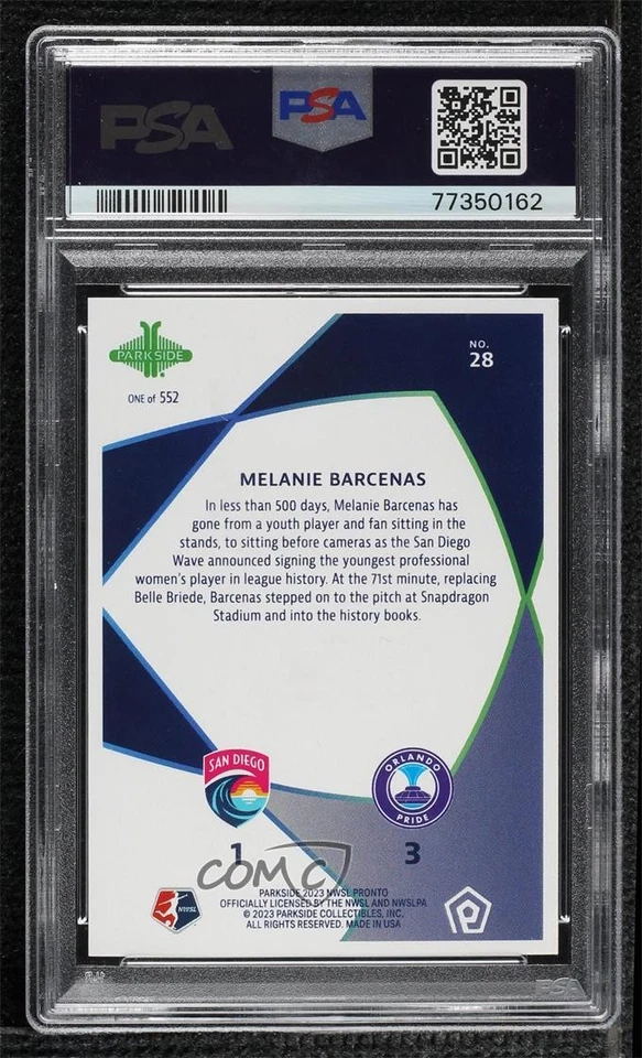 2023 Parkside NWSL Pronto /552 Melanie Barcenas #28 PSA 9 MINT Rookie RC - Image 2 of 2