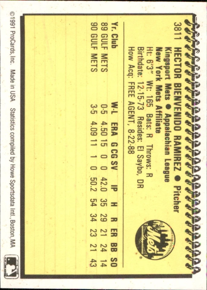 Hector Ramirez 1991 ProCards #3811 RC Kingsport Mets *AutographDen* - Image 2 of 2