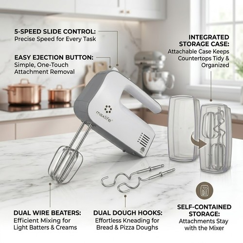 Max Life Electric Hand Mixer, 5 Speed, White, With Snap-On Storage Case - 第 3/7 張圖片