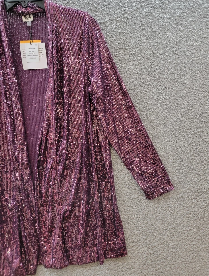 Anne Klein Sequin Embellished Open-Front Jacket Women's S Deep Plum Long Sleeve - Image 4 of 4
